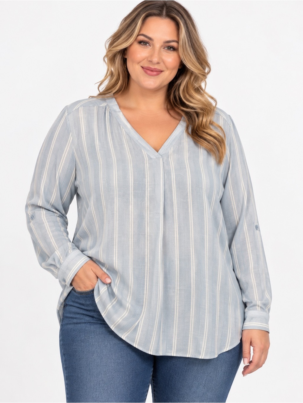 Iyla Blue & White Striped V-Neck High-Low Tunic Blouse XXL